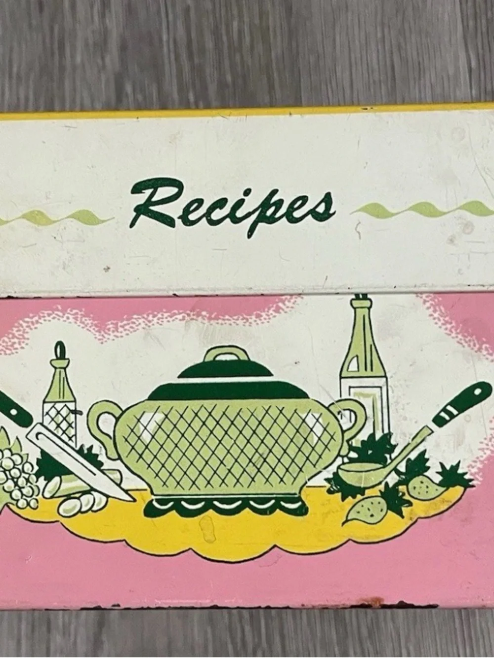 Vintage Ohio Art Metal Recipe Box Pink Yellow MCM Kitchen Tin Handwritten Recipe